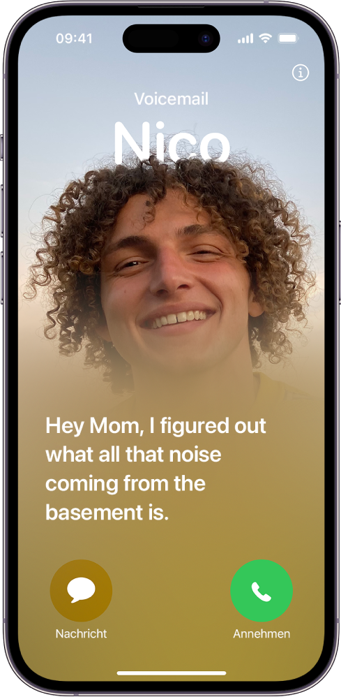 Ein Live-Voicemail-Transkript ist auf dem iPhone-Anrufbildschirm zu sehen. Unten auf dem Bildschirm befinden sich Tasten zum Senden einer Nachricht oder zum Annehmen des Anrufs.