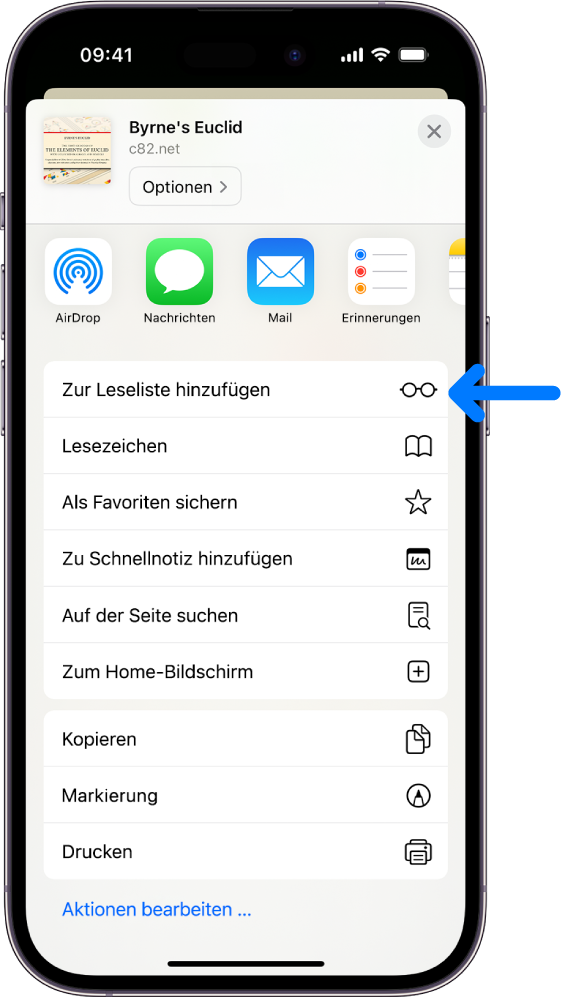 In Safari wurde auf die Taste „Teilen“ einer Webseite getippt. Dadurch wird eine Liste mit Optionen angezeigt, darunter die Option „Zur Leseliste hinzufügen“.