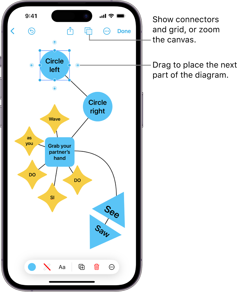 A diagram on a Freeform board, with connectors showing on a selected shape, and the shape formatting tools visible at the bottom of the screen.