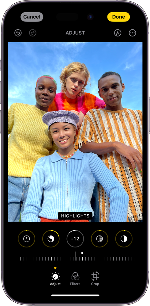 The edit screen in the Photos app. A photo is in the center of the screen. Below the photo are editing buttons; Highlights is selected. Below the editing buttons is a slider to adjust the Highlights levels. Below the slider, from left to right, are the Adjust, Filters, and Crop buttons. The Done button is in the top-right corner.