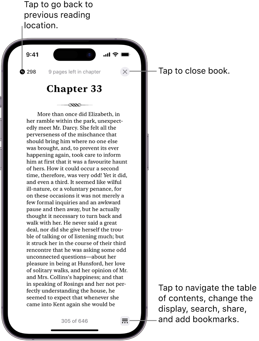 A page of a book in the Books app. At the top of the screen are the buttons for returning to the page on which you began reading and for closing the book. At the bottom right of the screen is the Menu button.