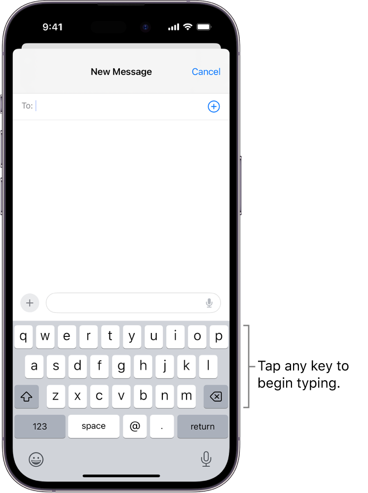 A blank email is open in the Mail app. The onscreen keyboard is in the bottom half of the screen.