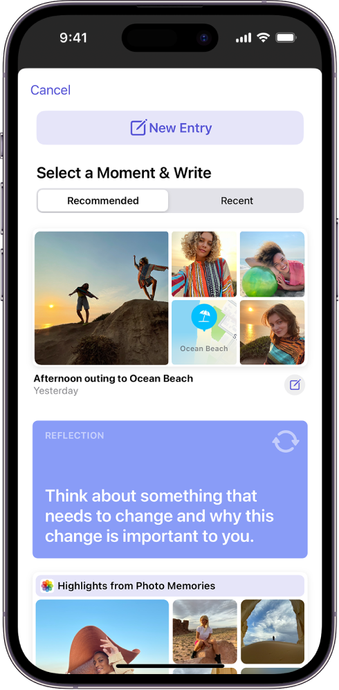 A screen showing the New Entry button at the top and journaling suggestions below.