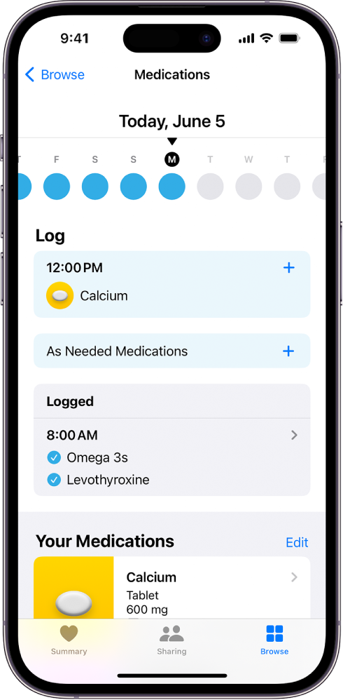 The Medications screen in Health showing the date and a log for medications.