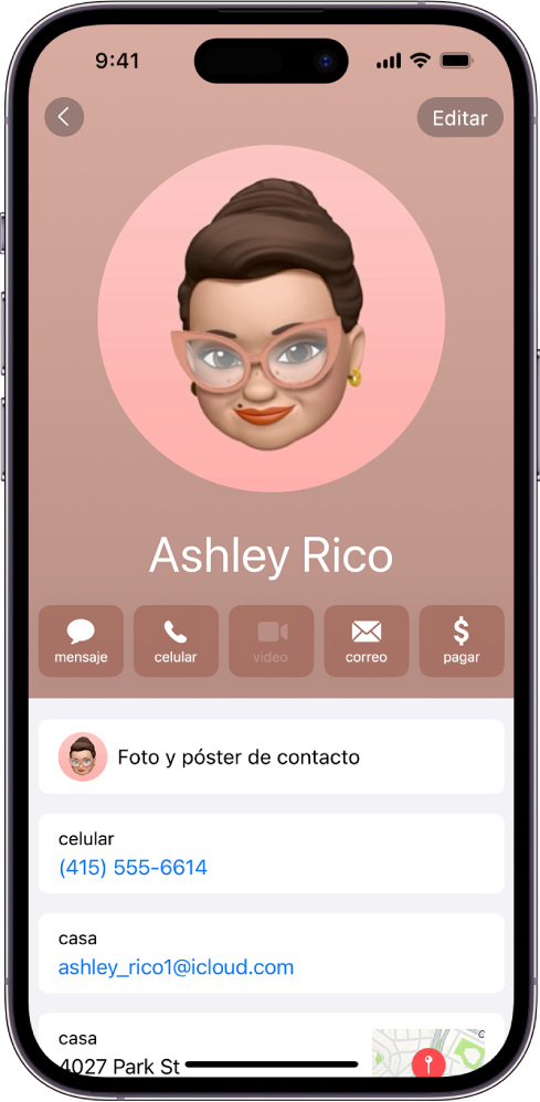 Una tarjeta de contacto en la app Contactos.