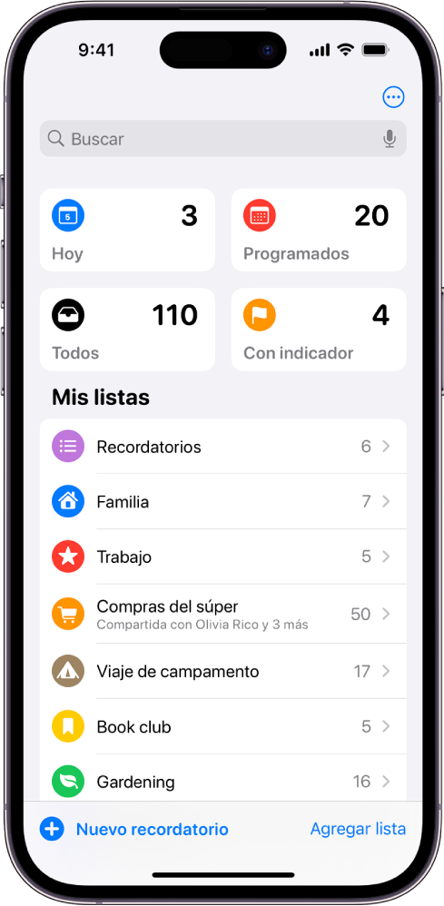 Una pantalla mostrando varias listas en Recordatorios. El campo de búsqueda está en la parte superior de las listas inteligentes de los elementos que vencen el día actual, los recordatorios programados, todos los recordatorios y los recordatorios que tienen indicador. En la parte inferior derecha está el botón Agregar lista.