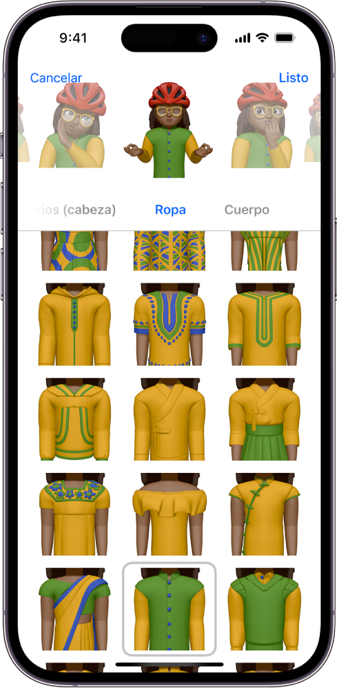La pantalla Memoji mostrando la creación del personaje en la parte superior, las características personalizables debajo del personaje, y las opciones de la característica seleccionada en la parte inferior. El botón Listo se encuentra en la esquina superior derecha y el botón Cancelar está en la esquina superior izquierda.