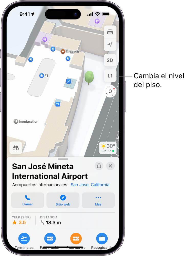 Un mapa del interior de la terminal de un aeropuerto. Se indica la ubicación de un control de inmigración, unas escaleras, los baños y los primeros auxilios. Puedes cambiar de nivel en los mapas de varios niveles con el botón 1 (para explorar el piso 1).