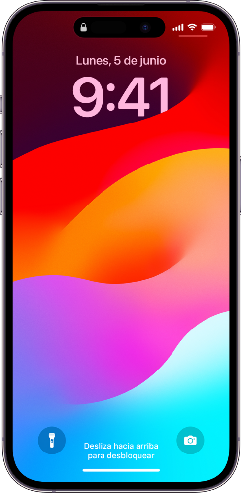 La pantalla bloqueada del iPhone muestra la hora y la fecha cerca de la parte superior y los íconos de Linterna y Cámara cerca de la parte inferior.