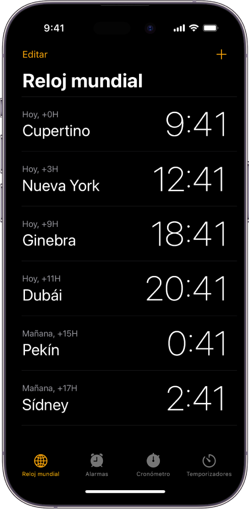 Pestaña “Reloj mundial” con la hora de varias ciudades. El botón Editar cerca de la esquina superior izquierda permite reordenar o eliminar relojes. El botón Añadir cerca de la esquina superior derecha permite añadir más relojes. Los botones “Reloj mundial”, Alarma, Cronómetro y Temporizadores se encuentran en la parte inferior.