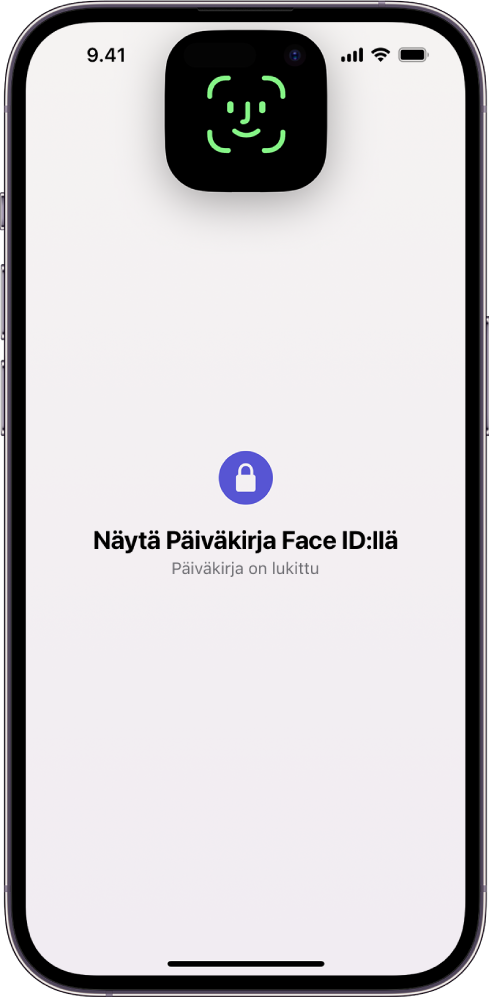 Näytöllä kehotetaan käyttämään Face ID:tä päiväkirjan lukituksen avaamiseen.