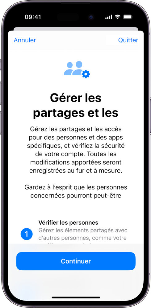 L’écran « Gérer les partages et les accès » avec des informations sur le fonctionnement de la fonctionnalité. Le bouton Continuer est situé en bas de l’écran.