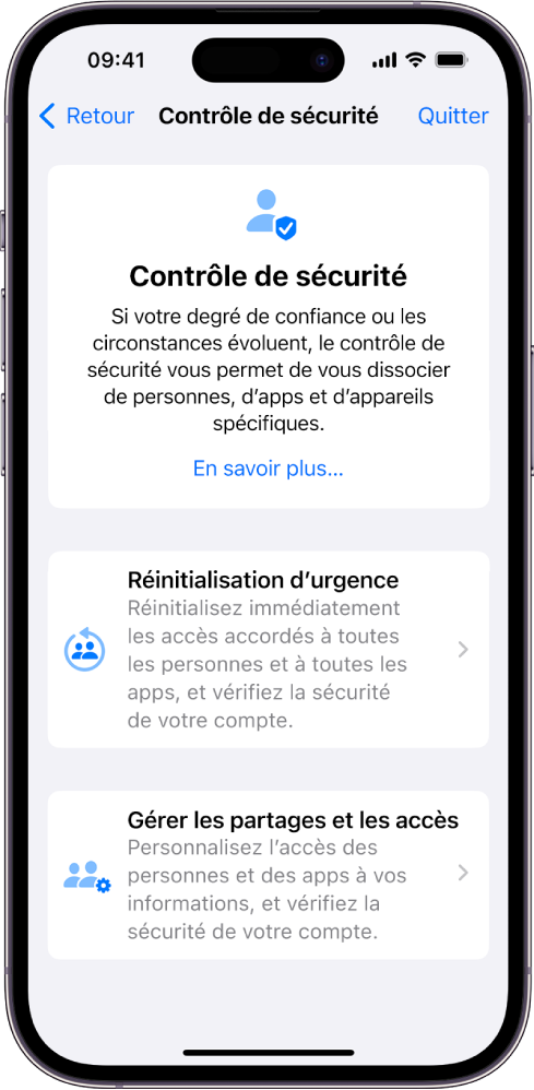 L’écran « Contrôle de sécurité » affiche des informations sur la fonctionnalité, ainsi que les boutons « Réinitialisation d’urgence » et « Gérer les partages et les accès ».