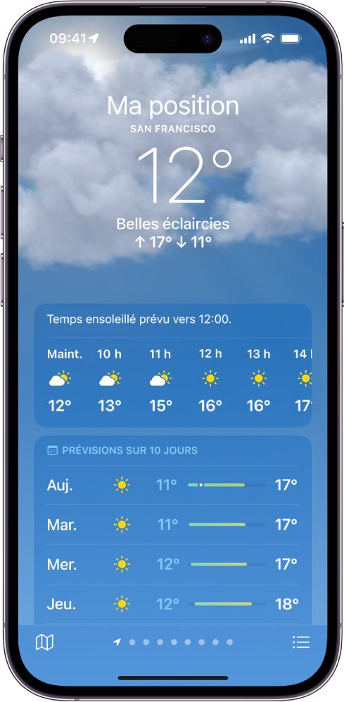 L’écran Météo affichant de haut en bas : le lieu, la température actuelle, les températures minimales et maximales du jour, les prévisions heure par heure ainsi que celles des dix prochains jours. Une rangée de points en bas au centre indique le nombre de lieux qui figurent dans la liste des lieux. Les boutons « Liste des lieux » et « Afficher le plan » se trouvent respectivement dans le coin inférieur droit et le coin inférieur gauche.