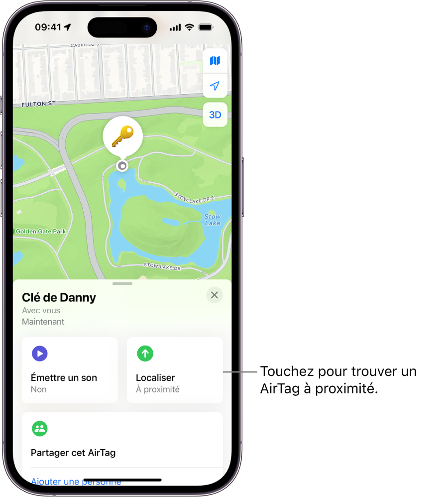 L’app Localiser ouverte, montrant les clés de Danny dans Golden Gate Park. Touchez le bouton Localiser pour rechercher un AirTag à proximité.