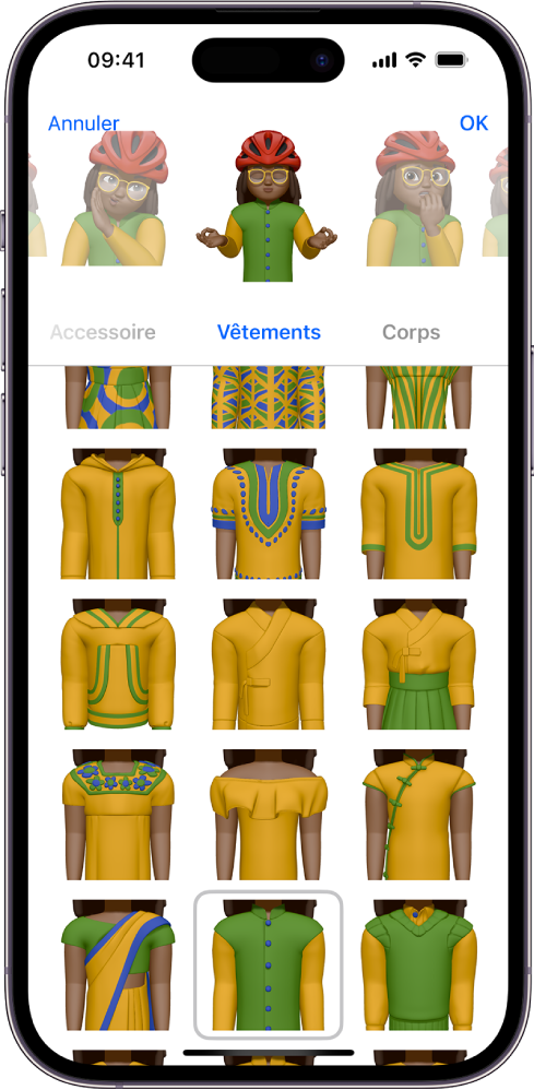 L’écran Memoji, affichant le personnage en cours de création au centre, les fonctionnalités pour le personnaliser sous le personnage, puis les options pour la fonctionnalité sélectionnée en dessous. Le bouton OK se trouve en haut à droite et le bouton Annuler en haut à gauche.