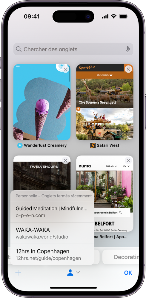 Des aperçus des onglets ouverts sont affichés à l’écran. En bas à gauche de l’écran, le bouton Nouvel onglet est sélectionné, révélant une liste des onglets récemment fermés.