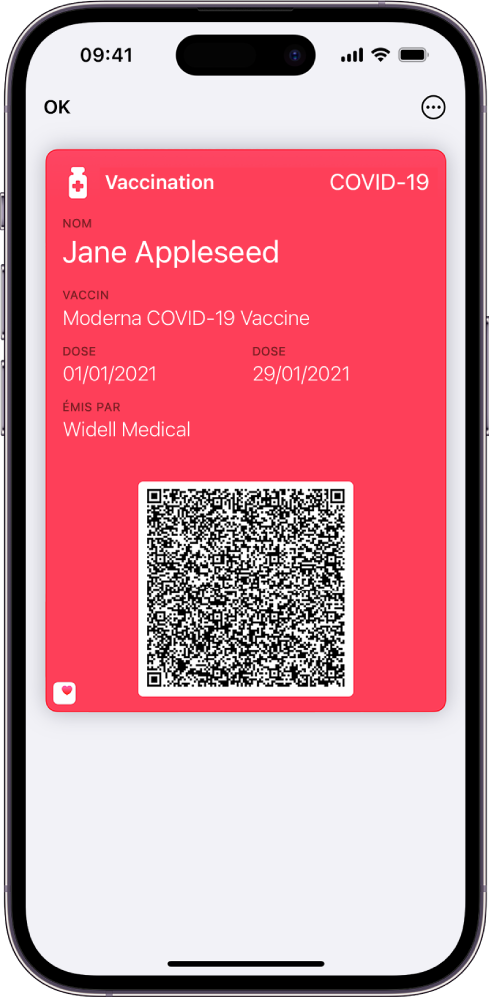 Une carte de vaccination dans l’app Cartes.