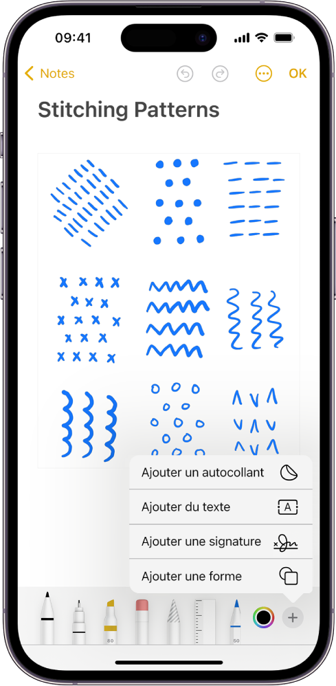 La barre d’outils d’annotation est ouverte au bas d’une note dans l’app Notes et le bouton Ajouter qui se trouve dans le coin inférieur droit de l’écran est sélectionné. Les options suivantes sont disponibles dans le menu Ajouter : Ajouter un autocollant, Ajouter du texte, Signature et Ajouter une figure.