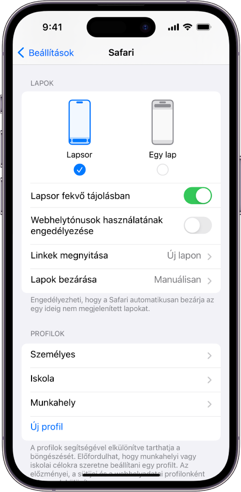 Egy képernyő két választható Safari-elrendezéssel, amelyek a következők: Lapsor és Egy lap.