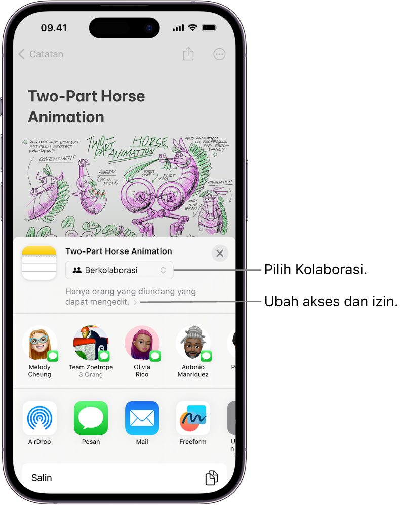 Undangan kolaborasi ke gambar di Catatan, menampilkan Kolaborasi untuk pilihan berbagi dan “Hanya yang diundang yang dapat mengedit” sebagai akses dan pengaturan izin. Empat kemungkinan penerima, termasuk grup, membuat baris di bawahnya. Baris bawah menawarkan cara berbeda untuk membagikan catatan: AirDrop, Pesan, Mail, dan Freeform.