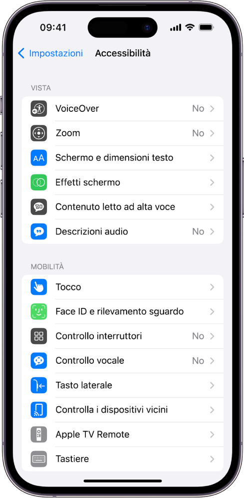 La schermata Accessibilità in Impostazioni che mostra le seguenti funzionalità integrate, dall’alto verso il basso: funzionalità per la vista, tra cui VoiceOver, Zoom, “Schermo e dimensioni testo”, “Effetti schermo”, “Contenuto letto ad alta voce”, “Descrizioni audio” e funzionalità per la mobilità come Tocco e “Face ID e rilevamento sguardo”.