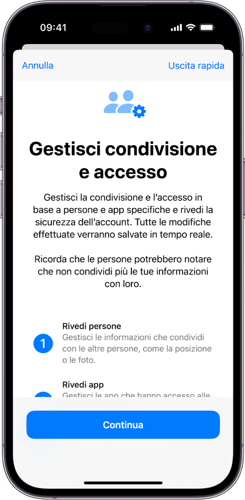 La schermata “Gestisci condivisione e accesso”” in “Controllo di sicurezza” in Impostazioni.