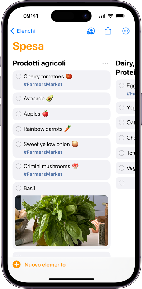 Una lista della spesa nell’app Promemoria. La lista è suddivisa in colonne verticali.