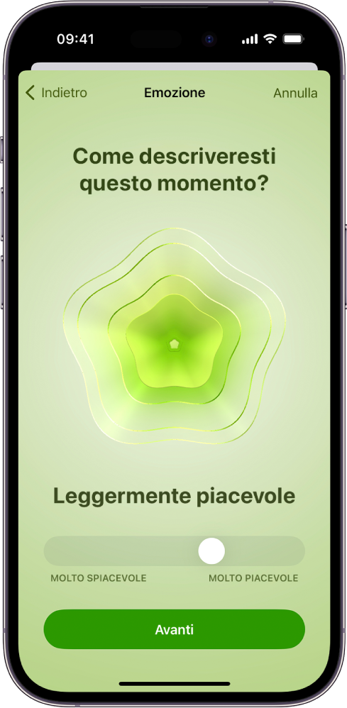 Una schermata nell’app Salute che identifica l’umore attuale come “Leggermente piacevole”. Nella parte inferiore dello schermo è presente un cursore per regolare il livello dell’emozione.