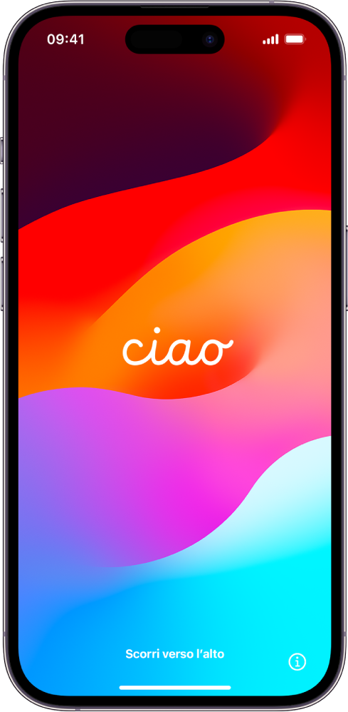 La schermata di benvenuto con la parola Ciao che viene visualizzata la prima volta che accendi iPhone.