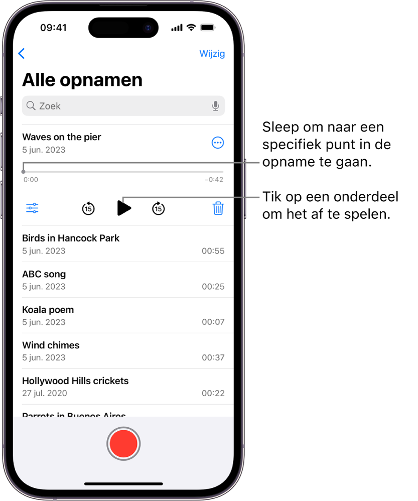 De lijst met gesproken memo's, met de geselecteerde opname bovenaan. De opnametijdbalk heeft een afspeelknop die je naar een specifiek moment in de opname kunt slepen. De afspeelregelaars staan onder de tijdbalk.