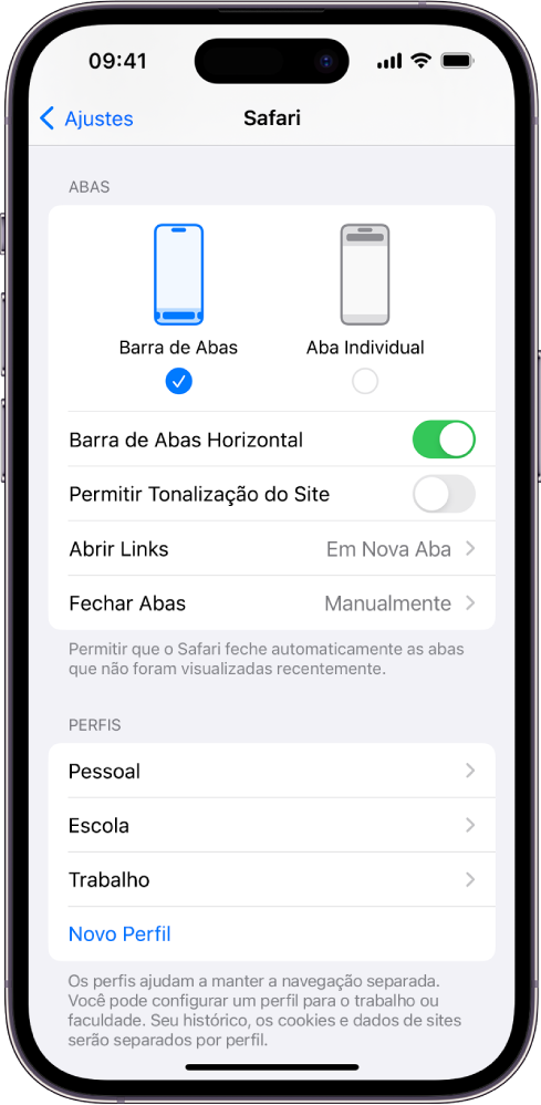Tela mostrando duas opções de layout do Safari: Barra de Abas ou Aba Individual.