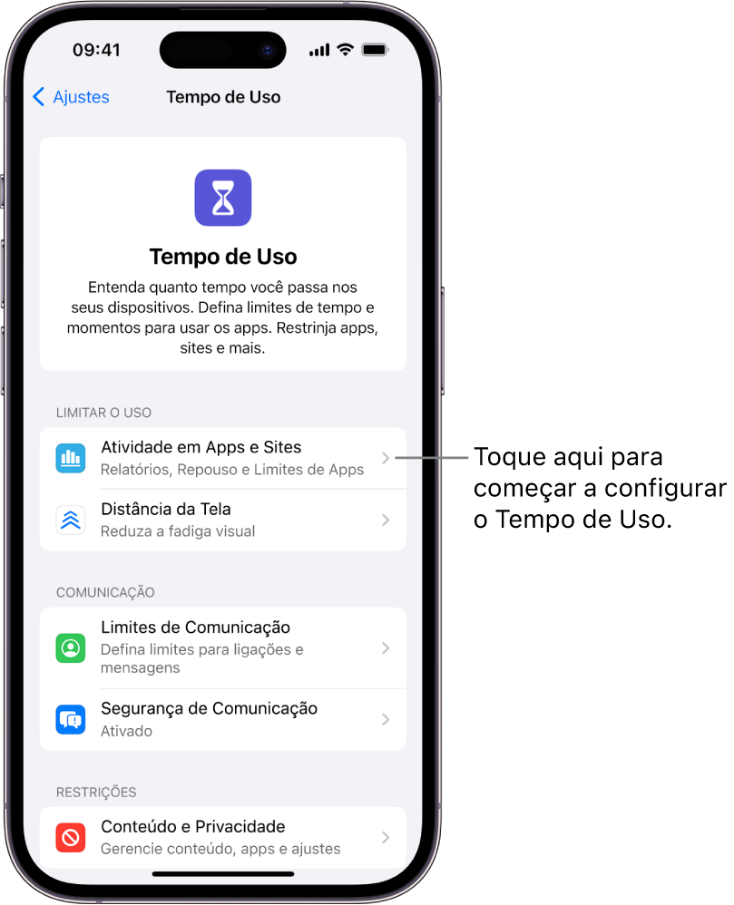 Tela de configuração do Tempo de Uso mostrando o botão Atividade em Apps e Sites.