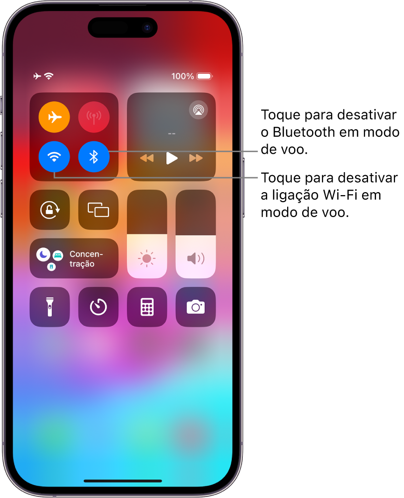 A central de controlo do iPhone. No grupo de controlos no canto superior esquerdo encontram-se o botão do modo de voo (superior esquerdo), Wi-Fi (inferior esquerdo) e o botão Bluetooth (inferior direito). Modo de voo, Wi‑Fi e Bluetooth estão todos ativados. Toque no botão Bluetooth para desativar o Bluetooth no modo de voo. Toque no botão Wi-Fi para desativar o Wi-Fi no modo de voo.