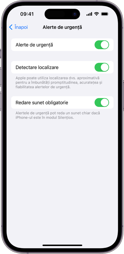 Ecranul Alerte de urgență, având activate opțiunile Alerte de urgență, Detectare localizare și Redare sunet obligatorie.