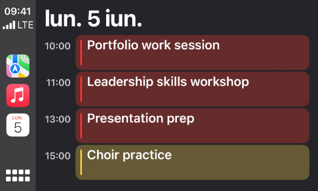 CarPlay afișând Hărți, Muzică și Calendar în bara laterală. În dreapta se află evenimente pentru luni, 5 iunie: sesiune de lucru pentru portofoliu, atelier pentru abilități de leadership, pregătire pentru prezentare și repetiție corală.