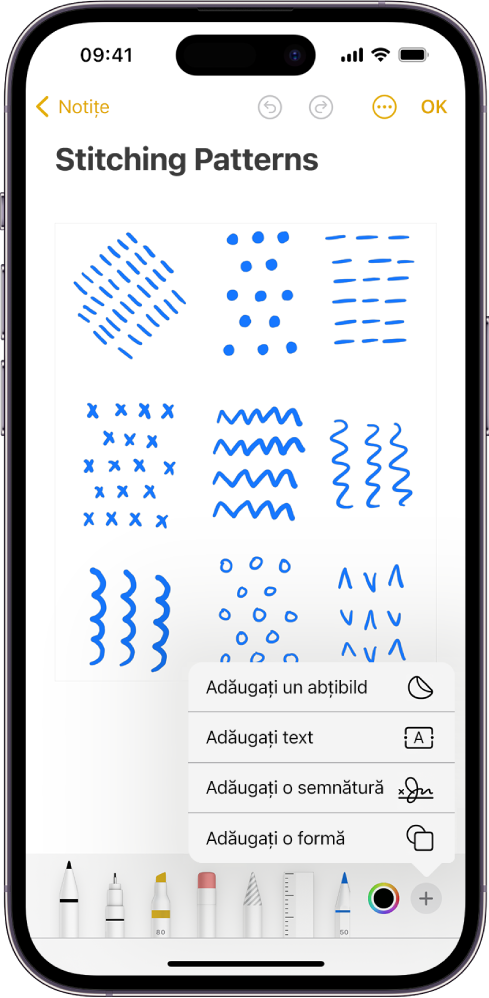 Bara de instrumente Marcaj este deschisă în partea de jos a unei notițe din aplicația Notiție și butonul Adăugați în colțul din dreapta jos al ecranului este selectat. Următoarele opțiuni sunt disponibile în meniul Adăugați: Adăugați un abțibild, Adăugați text, Adăugați o semnătură și Adăugați o formă.