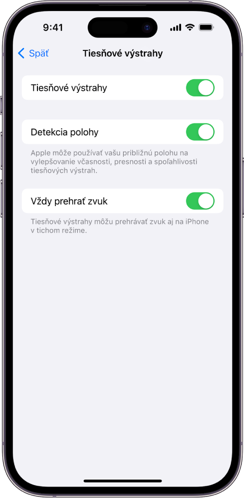 Obrazovka Tiesňové výstrahy so zapnutými možnosťami Tiesňové výstrahy, Detekcia polohy a Vždy prehrať zvuk.