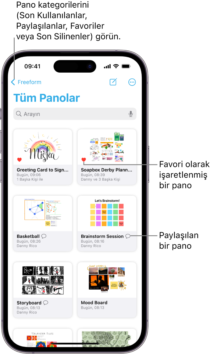 Freeform’un Tüm Panolar ekranı açık ve sekiz pano küçük resmini gösteriyor.