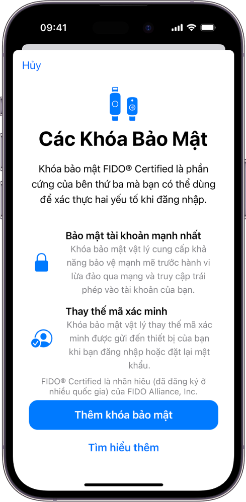 Màn hình chào mừng Khóa bảo mật. Ở gần dưới cùng là nút Thêm khóa bảo mật và liên kết Tìm hiểu thêm. Phía trên chúng là văn bản giải thích về các lợi ích của việc sử dụng khóa bảo mật.