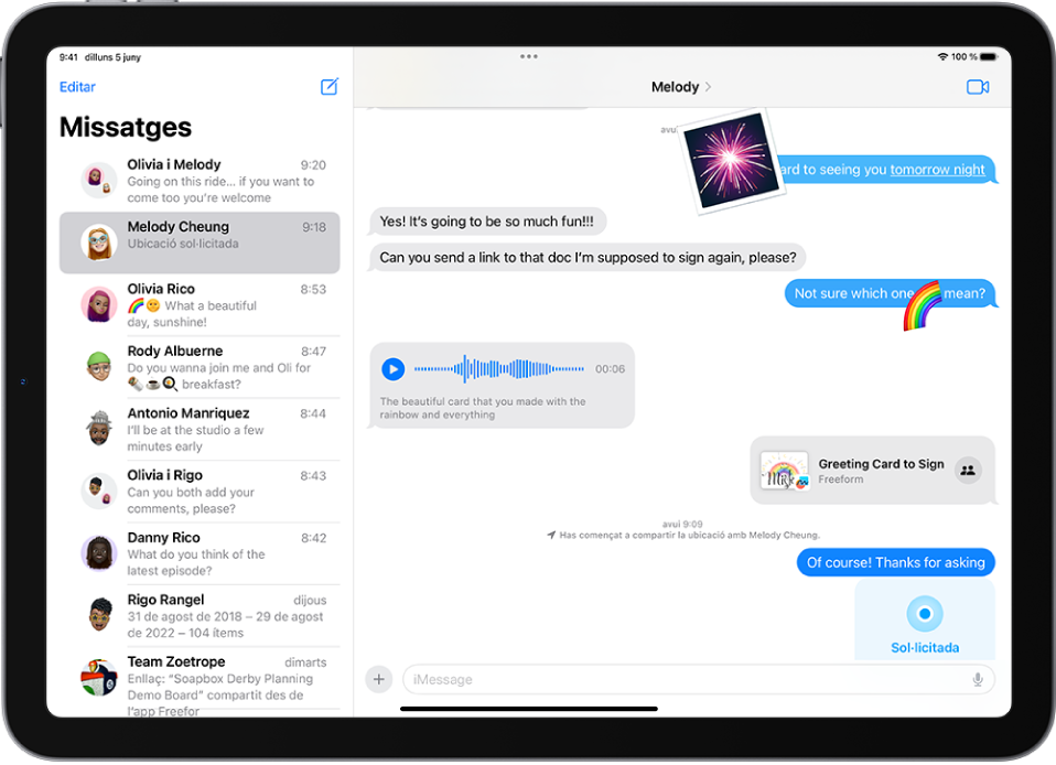 Una conversa de l’app Missatges que mostra funcions de l’iMessage.