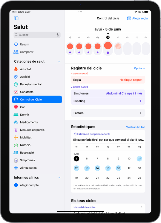 Pantalla Control del Cicle que mostra una línia de temps d’una setmana a la part superior. Els primers cinc dies de la línia de temps es marquen amb cercles amb el fons vermell i punts morats. A sota de la línia de temps, hi ha opcions per afegir informació sobre la regla i els símptomes, entre d’altres.