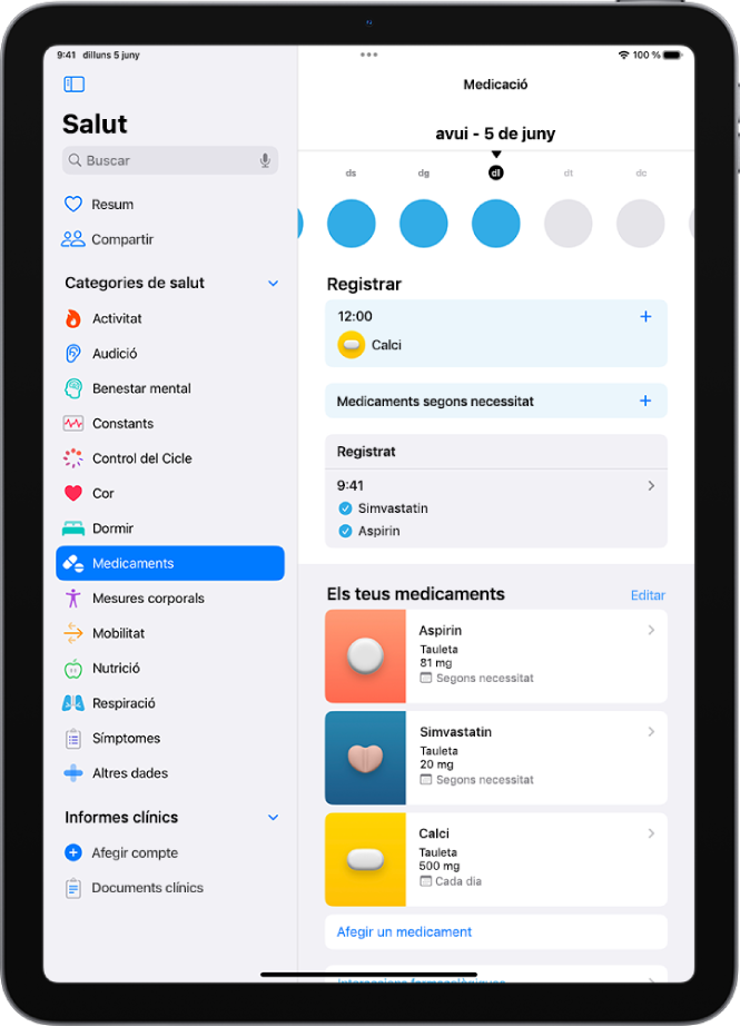 Pantalla de medicaments de l’app Salut, en què es mostra la data i el registre dels medicaments.