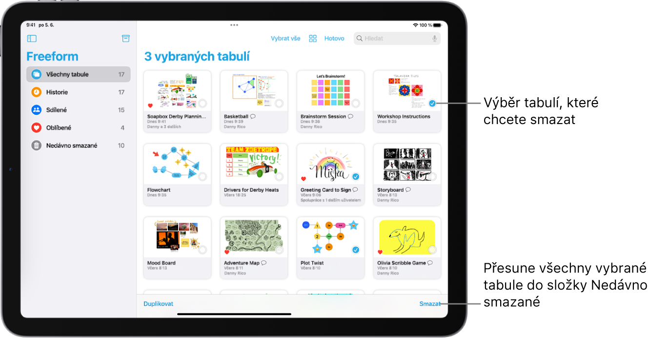 Několik vybraných tabulí v zobrazení Všechny tabule v aplikaci Freeform. Tlačítko Smazat se nachází v pravém dolním rohu displeje.