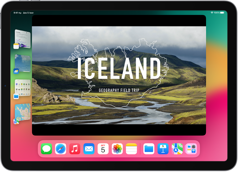 Μια οθόνη iPad με ενεργοποιημένο το Προσκήνιο. Το τρέχον παράθυρο βρίσκεται στο κέντρο της οθόνης και άλλες πρόσφατες εφαρμογές βρίσκονται σε μια λίστα στην αριστερή πλευρά της οθόνης.