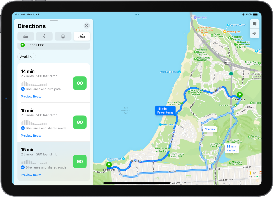 A map showing several cycling routes, each listed with a Go button in the route card on the left.