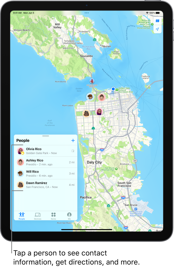 The Find My screen open to the People list. There are four people in the list: Ashley Rico, Olivia Rico, Dawn Ramirez, and Will Rico. Their locations are shown on a map of San Francisco.