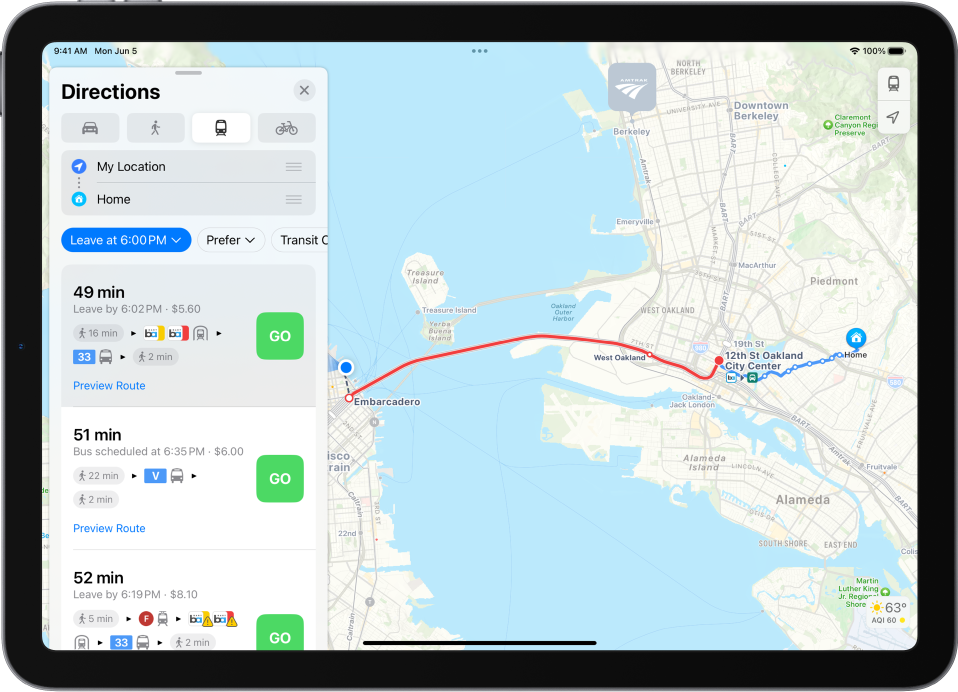 A map showing a transit route. A route card on the left shows Go buttons for several options for the route.