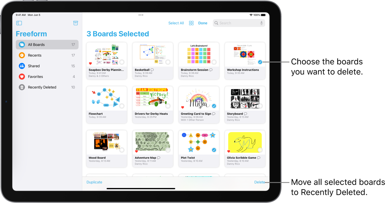 Several boards are selected in the All Boards view in Freeform. The Delete button is in the bottom-right corner of the screen.