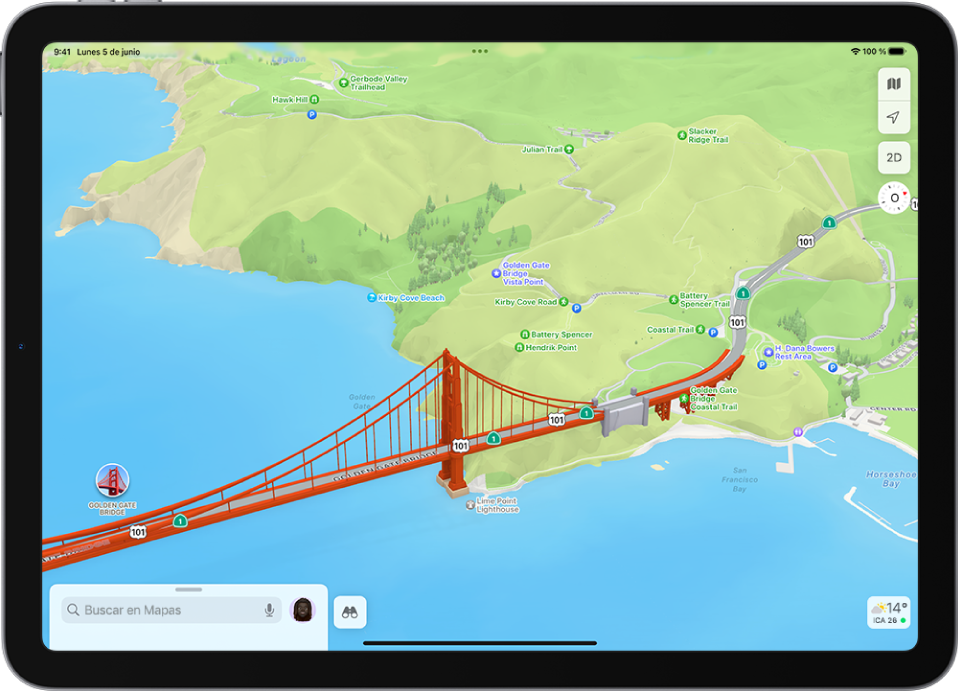 Mapa 3D de un parque con un puente y un parque.